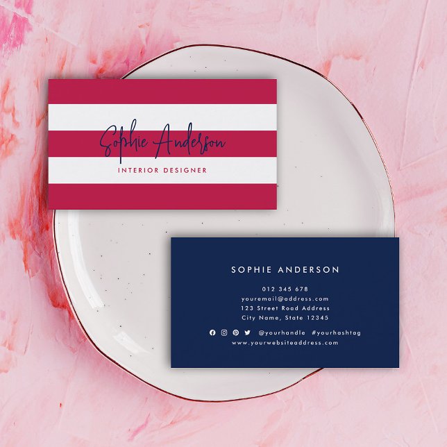 White Stripes and Custom Color Modern Script Business Card (Creator Uploaded)