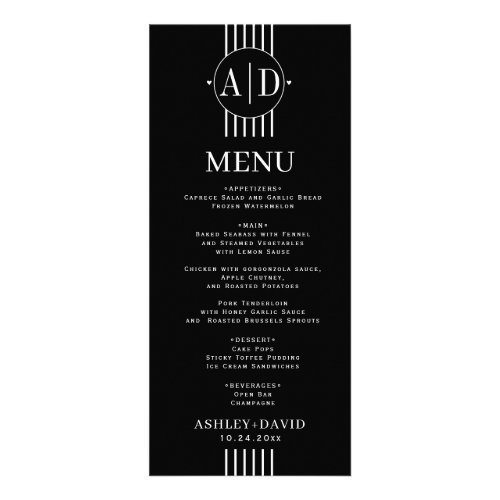 White stripes and initials black wedding menu card