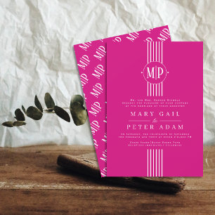 White stripes and initials magenta wedding invitation