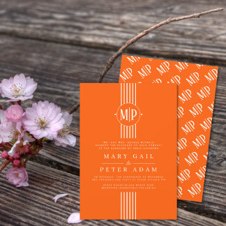 White stripes and initials orange wedding invitati invitation