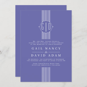 White stripes and initials periwinkle blue wedding invitation