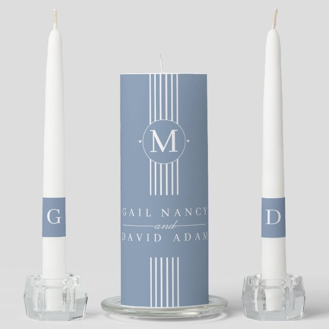 White stripes and monogram dusty blue wedding unity candle set (Front)