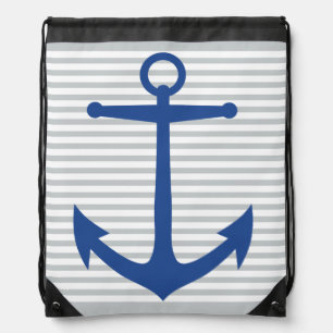 White Stripes and Navy Anchor Drawstring Backpack
