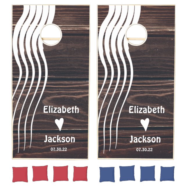White Stripes Dark Wood Monogram Couples Wedding   Cornhole Set (Set)