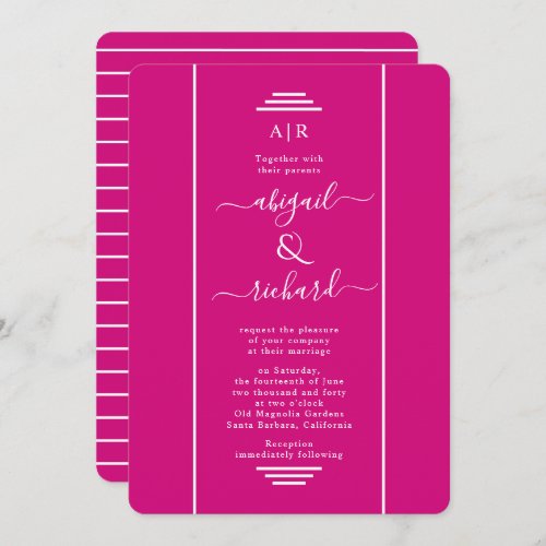 White stripes elegant magenta pink wedding invitation