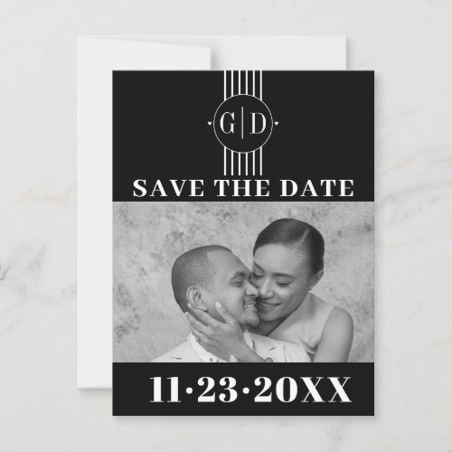 White stripes initials black photo Save The Date Postcard