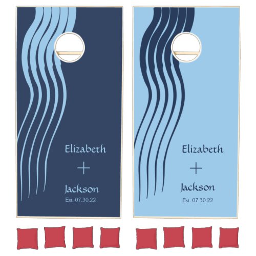 White Stripes Light  Navy Blue Couples Wedding  Cornhole Set