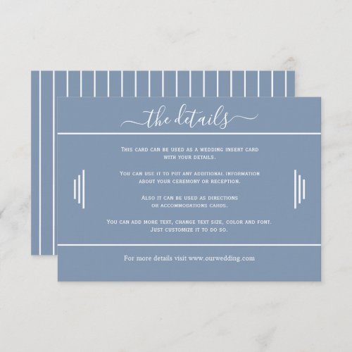 White stripes minimal wedding details dusty blue enclosure card