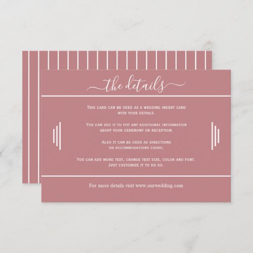 White stripes minimal wedding details dusty rose enclosure card