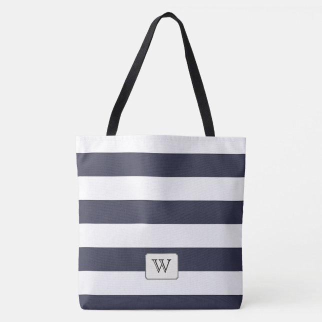 White Stripes on any Color Custom Monogram Tote Bag (Front)