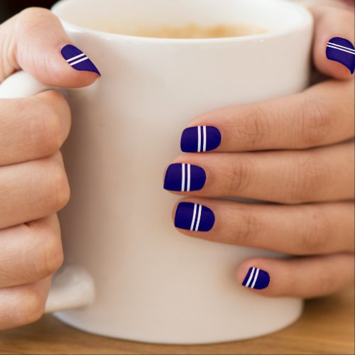 White Stripes on Navy Blue Minx Nail Art