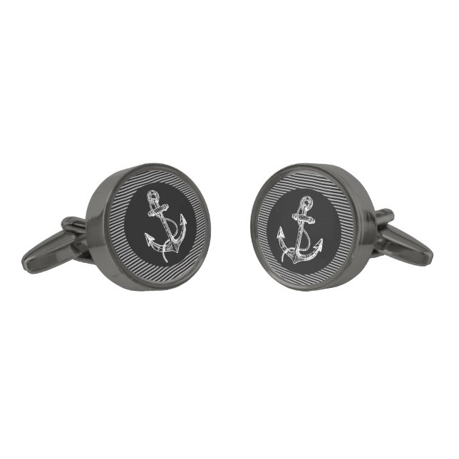 White Stripes Pattern & Nautical Boat Anchor Gunmetal Finish Cufflinks (Angled)