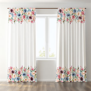 White Stripes Spring Flowers Border Accent Blackout Curtains