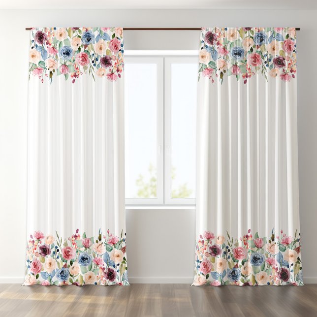 White Stripes Spring Flowers Border Accent Blackout Curtains (Creator Uploaded)