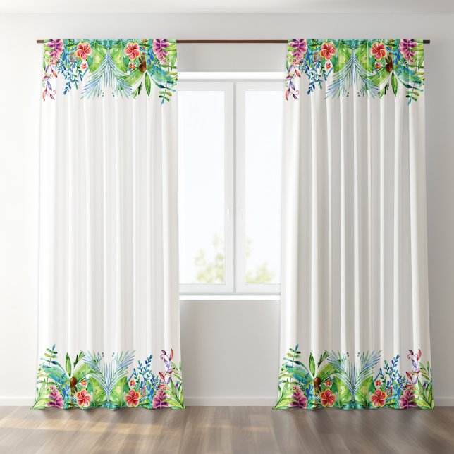 White Stripes Tropical Flowers Border Accent Blackout Curtains (Creator Uploaded)