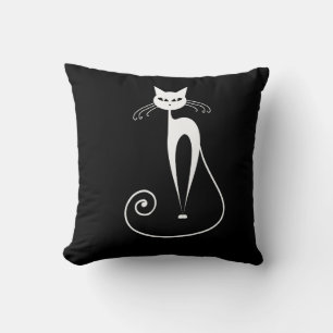White Stylized Cats on Black Throw Pillow