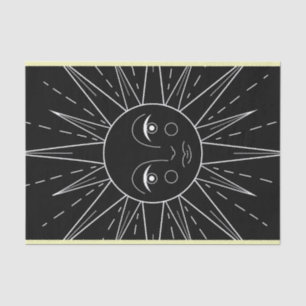 White stylized retro vintage sun on black tissue paper
