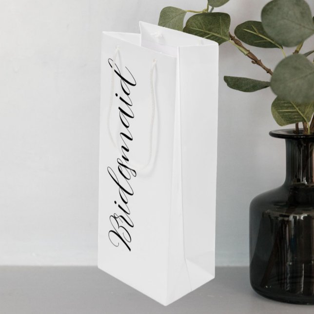 White Stylized Script Wedding Bridesmaid Wine Gift Bag (In Situ)