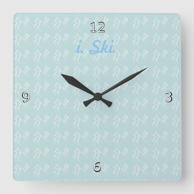 White Stylized Skiers Skiing and i. Ski. text Square Wall Clock (Front)