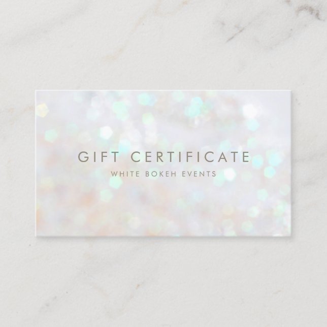 White Subtle Glitter Bokeh Gift Certificate Card (Front)