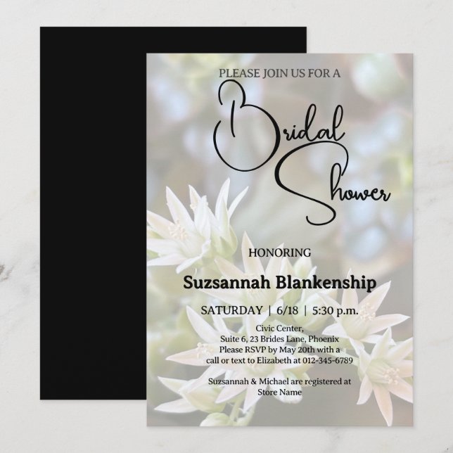 White Succulent Floral Background Bridal Shower  Invitation (Front/Back)