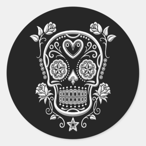 White Sugar Skull with Roses on Black Classic Round Sticker
