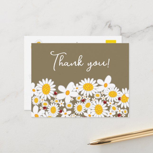 White Summer Daisies and Red Ladybugs Thank You Postcard (Front/Back In Situ)