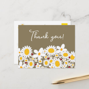 White Summer Daisies and Red Ladybugs Thank You Postcard