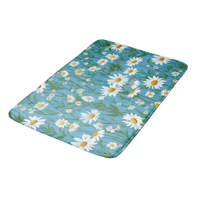 White Summer Daisies On Aqua Bath Mat (Angled)