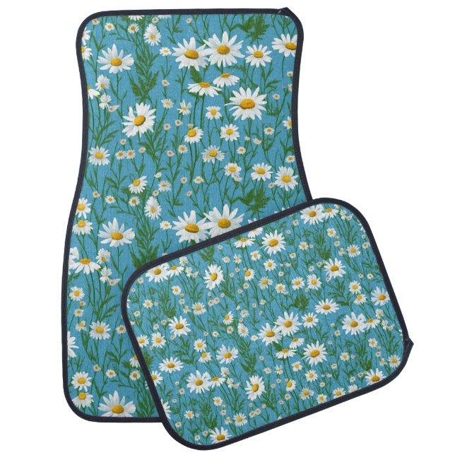 White Summer Daisies On Aqua Car Floor Mat (Set)