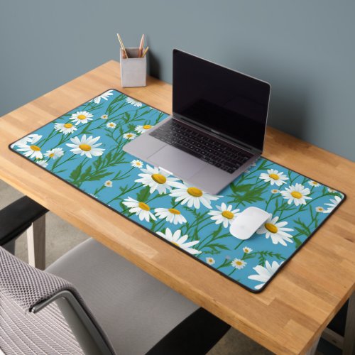 White Summer Daisies On Aqua Desk Mat