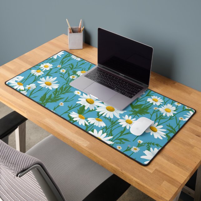 White Summer Daisies On Aqua Desk Mat (Office 2)