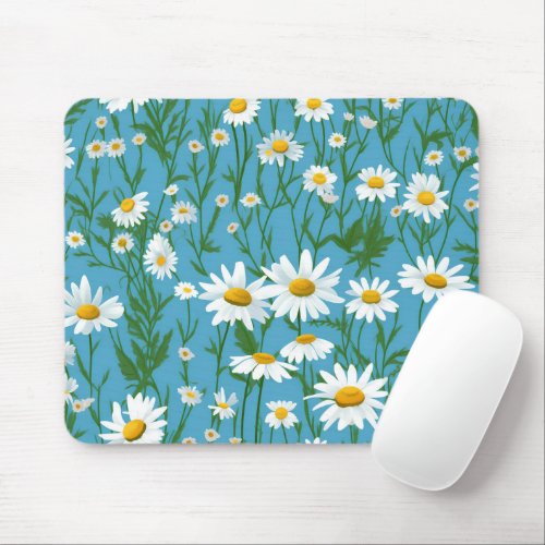 White Summer Daisies On Aqua Mouse Pad