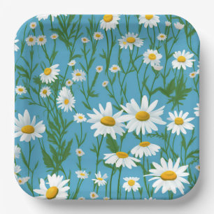 White Summer Daisies on Aqua Paper Plates