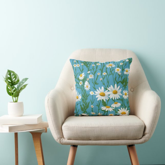 White Summer Daisies On Aqua Throw Pillow (Chair)