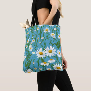 White Summer Daisies On Aqua Tote Bag