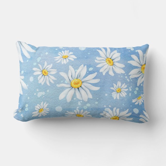 white summer daisy design on blue lumbar pillow (Front)