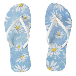 white summer daisy on blue flip flops
