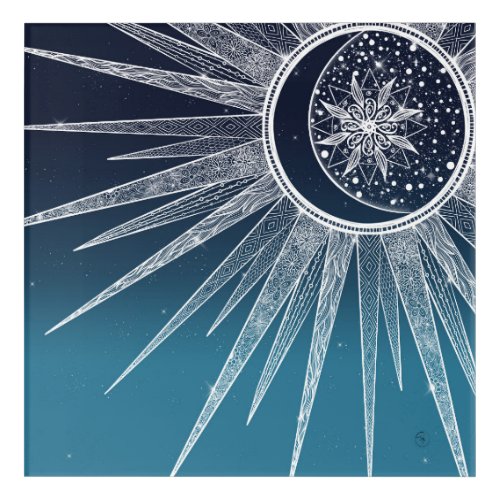 White Sun Moon Mandala Blue Gradient Design Acrylic Print