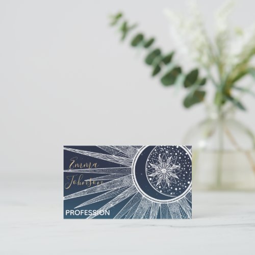 White Sun Moon Mandala Blue Gradient Design Business Card