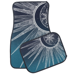 White Sun Moon Mandala Blue Gradient Design Car Floor Mat