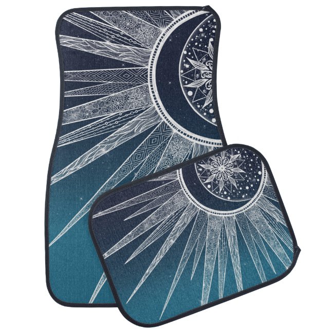 White Sun Moon Mandala Blue Gradient Design Car Floor Mat (Set)
