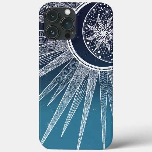 White Sun Moon Mandala Blue Gradient Design iPhone 13 Pro Max Case