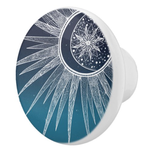 White Sun Moon Mandala Blue Gradient Design Ceramic Knob