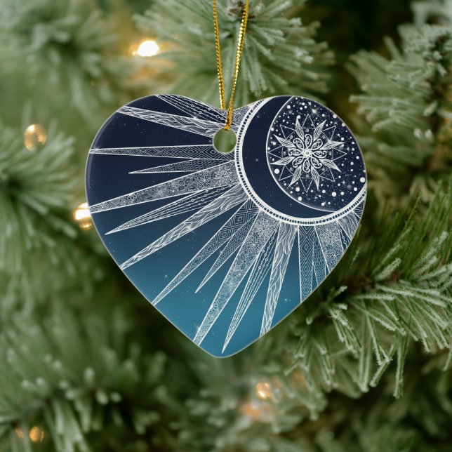 White Sun Moon Mandala Blue Gradient Design Ceramic Ornament (Tree)