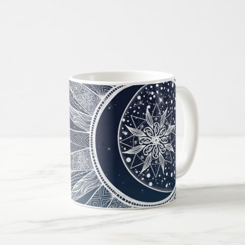 White Sun Moon Mandala Blue Gradient Design Coffee Mug