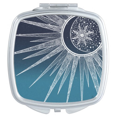 White Sun Moon Mandala Blue Gradient Design Compact Mirror