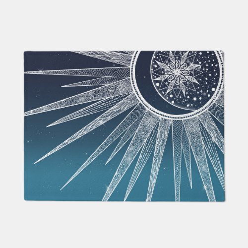 White Sun Moon Mandala Blue Gradient Design Doormat