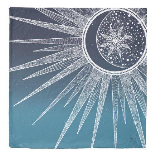 White Sun Moon Mandala Blue Gradient Design Duvet Cover
