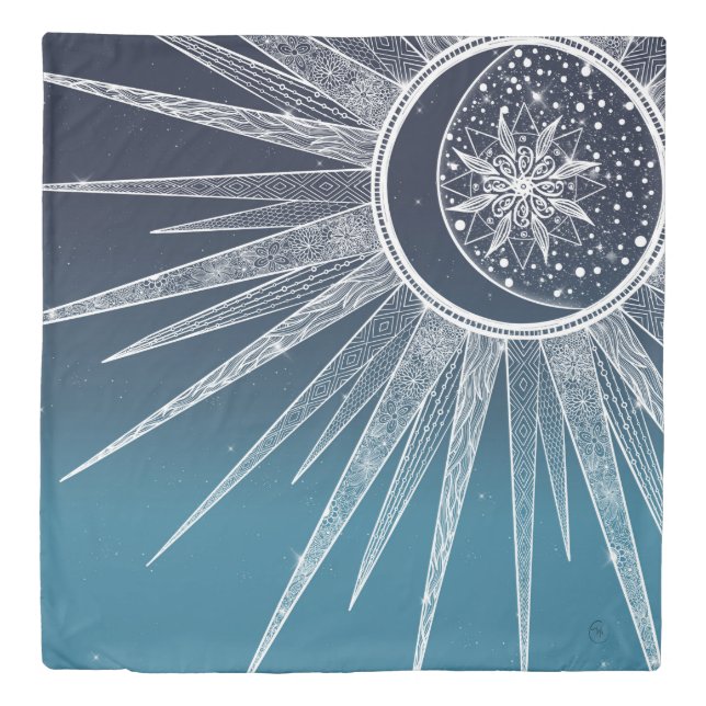 White Sun Moon Mandala Blue Gradient Design Duvet Cover (Front)